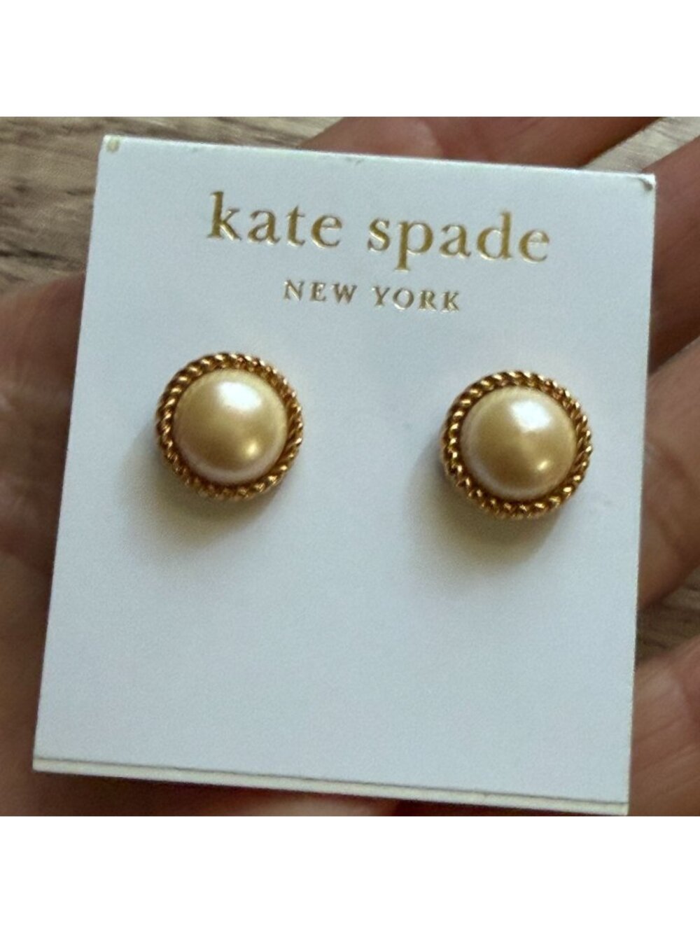 NWT Kate Spade Seaport White Glass Pearl Gold Rope Pierced Stud Earrings .50"